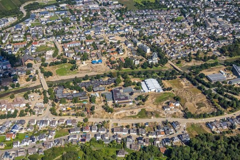 Aerial view, flood area at the river Ahr with Levana-Schule Bad Neuenahr-Ahrweiler e.V. and