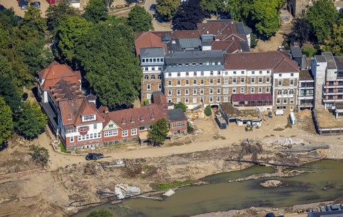 Aerial view, flood area at the river Ahr and Dr. von Ehrenwallsche Klinik in Walporzheim, Bad