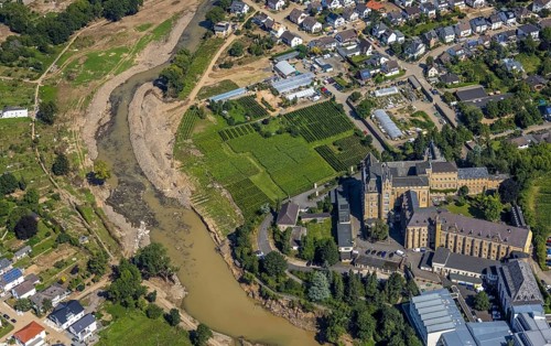 Aerial view, flood area at the river Ahr and monastery with pilgrimage church Calvarienberg in