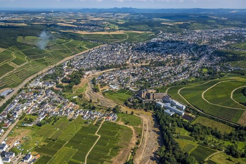 Aerial view, flood area at the river Ahr and Dr. von Ehrenwall's clinic and monastery with