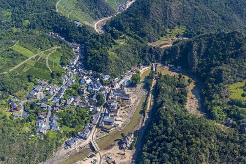 Aerial view, flood area at the river Ahr with destroyed bridges and tunnel entrances in Altenahr,