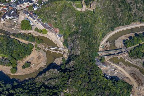 Aerial view, flood area at the river Ahr with destroyed bridges and tunnel entrances in Altenahr,