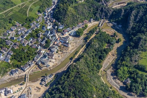 Aerial view, flood area at the river Ahr with destroyed bridges and tunnel entrances in Altenahr,