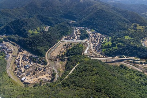 Aerial view, flood area at the river Ahr and Altenahr cemetery in Altenahr, Ahr valley,