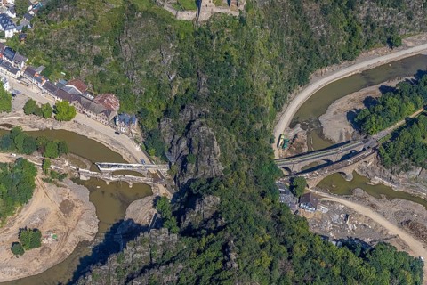 Aerial view, flood area at the river Ahr with destroyed bridges and tunnel entrances in Altenahr,