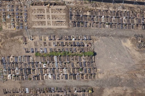 Aerial view, flood area at the river Ahr with cemetery Altenahr in Altenahr, Ahr valley,