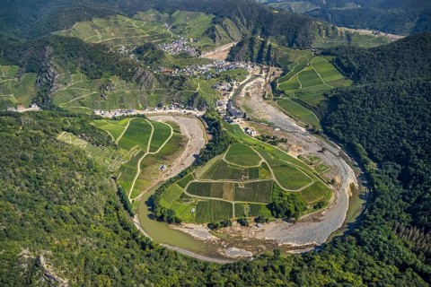 Aerial view, flood area at the river Ahr at vineyards in the districts Laach, Lochmühle and