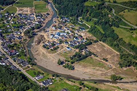 Aerial photograph, flood area at the river Ahr in Insul, Ahr valley, Rhineland-Palatinate, Germany,