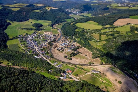 Aerial photograph, flood area at the river Ahr in Insul, Ahr valley, Rhineland-Palatinate, Germany,