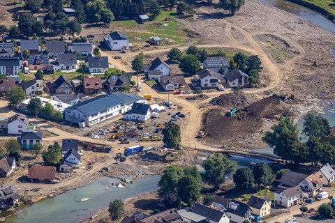 Aerial view, flood area at the river Ahr in Insul, Ahr valley, Rhineland-Palatinate, Germany, Ahr