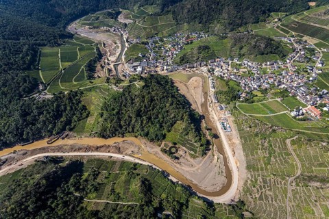 Aerial view, flood area at the river Ahr in the district Mayschoß in Altenahr, Mayschoß, Ahr