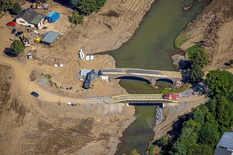 Aerial view, flood area at the river Ahr with destroyed Josef Emmerich bridge and temporary bridge