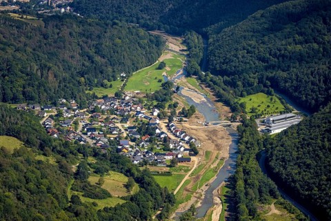 Aerial view, flood area at the river Ahr with destroyed Josef Emmerich bridge and temporary bridge