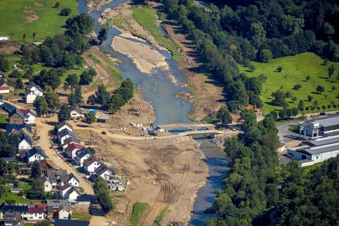 Aerial view, flood area at the river Ahr with destroyed Josef Emmerich bridge and temporary bridge