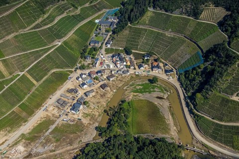 Aerial view, flood area at the river Ahr at vineyards and small Ahr loop at the winery Kloster