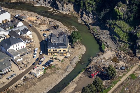 Aerial view, flood area at the river Ahr and destroyed Gasthof zur Saffenburg in Mayschoß, Ahr