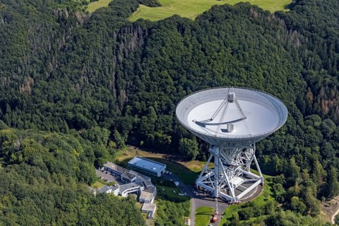 Aerial photograph, Effelsberg radio telescope in the Ahr Mountains in Holzem, Bad Münstereifel, Ahr