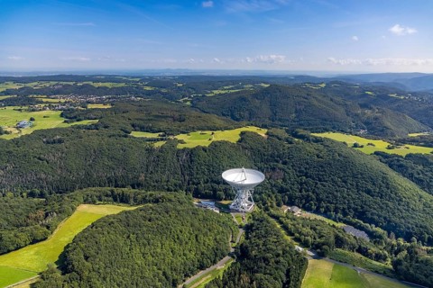 Aerial photograph, Effelsberg radio telescope in the Ahr Mountains in Holzem, Bad Münstereifel, Ahr