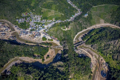 Aerial view, flood area at the river Ahr with destroyed bridges and tunnel entrances in Altenahr,