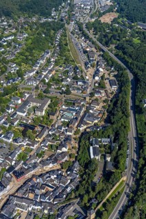 Aerial view, Erft flood in the old town centre with destroyed bank area of the Erft as well as the