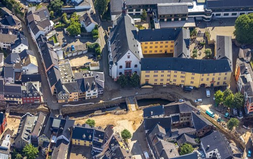 Aerial view, Historic old town with St. Donatus Jesuit Church and St. Michael-Gymnasium and