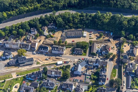 Aerial view, railway station in Bad Münstereifel, Ahr flood, Ahr valley, North Rhine-Westphalia,