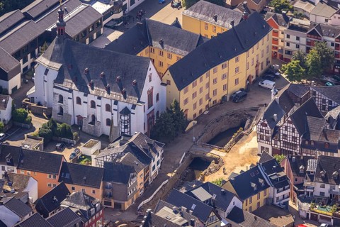 Aerial view, Historic old town with St. Donatus Jesuit Church and St. Michael-Gymnasium and