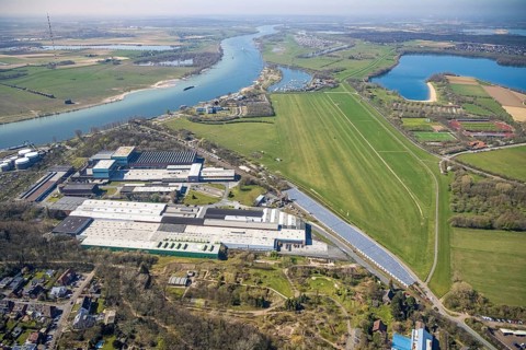 Aerial photography, Wesel-Römerwardt airfield, River Rhine, Pilkington Automotive Deutschland GmbH,