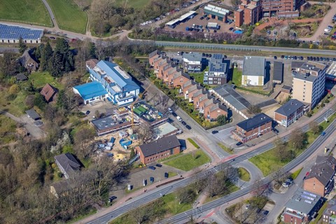 Aerial photo, construction site new building kindergarten Alte Delogstraße, police station, CJD