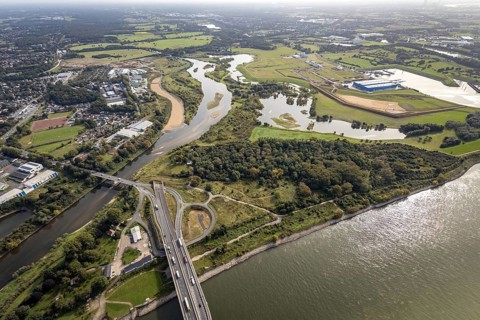 Aerial view, The mouth of the river Lippe into the river Rhine with the Lower Rhine Bridge Wesel at