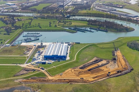 Aerial view, construction site in the Lippe floodplain at the heavy load terminal, Wesel, Ruhr