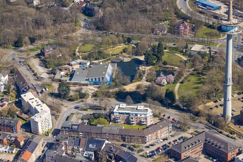 Aerial view, HeubergPark with HeubergBad and television tower, Wesel, Ruhr area, Lower Rhine, North