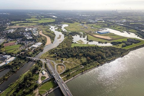 Aerial view, The mouth of the river Lippe into the river Rhine with the Lower Rhine Bridge Wesel at