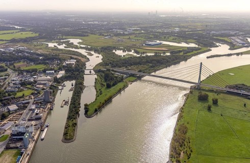 Aerial view, The mouth of the river Lippe into the river Rhine with the Lower Rhine Bridge Wesel at