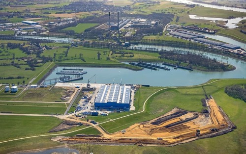 Aerial view, construction site in the Lippe floodplain at the heavy load terminal, Wesel, Ruhr