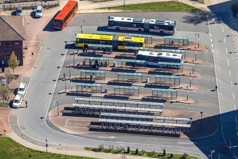 Aerial view, bus station, Franz-Etzel-Platz, ZOB, bicycle stand at railway station, Wesel, Ruhr
