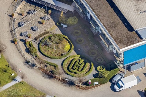 Aerial view, Nikolaus-Stift retirement home, artistic garden green space, Wesel, Ruhr area, Lower