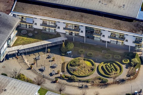 Aerial view, Nikolaus-Stift retirement home, artistic garden green space, Wesel, Ruhr area, Lower