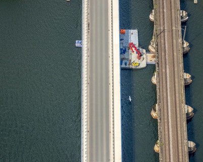 Aerial view, construction site Obergrabenbrücke Friedrichstraße and railway bridge over the river