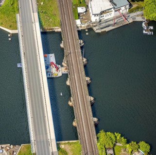 Aerial view, construction site Obergrabenbrücke Friedrichstraße and railway bridge over the river