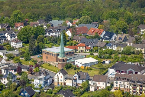 Aerial view, Christuskirche Grundschöttel, Oberwengern, Wetter, Ruhr area, North Rhine-Westphalia,