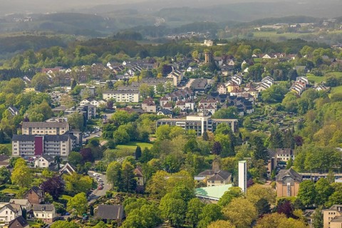 Aerial view, St Martin's Church and local view Volmarstein, Wetter, Ruhr area, North