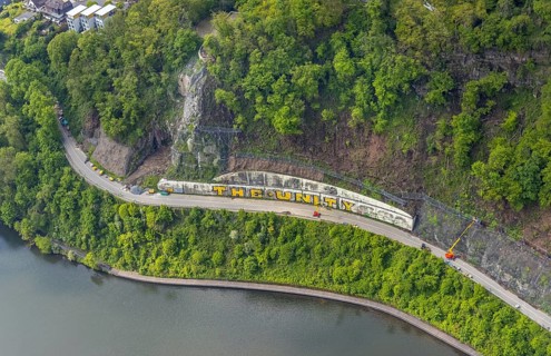 Aerial photo, rockfall protection fences and construction work on the closed cycle path and hiking