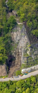 Aerial photo, rockfall protection fences and construction work on the closed cycle path and hiking