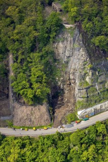 Aerial photo, rockfall protection fences and construction work on the closed cycle path and hiking