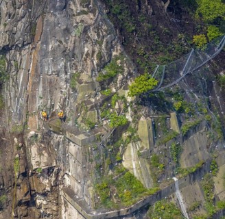 Aerial photo, rockfall protection fences and construction work on the closed cycle path and hiking