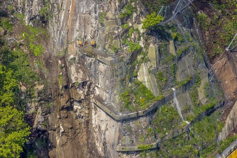 Aerial photo, rockfall protection fences and construction work on the closed cycle path and hiking