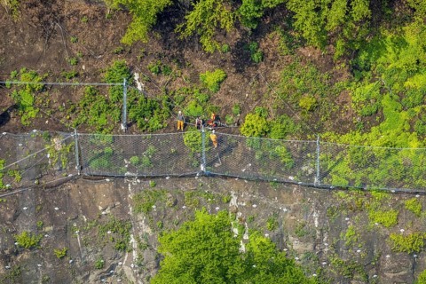 Aerial photo, rockfall protection fences and construction work on the closed cycle path and hiking