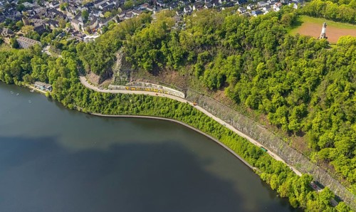 Aerial photo, rockfall protection fences and construction work on the closed cycle path and hiking
