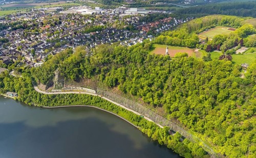 Aerial photo, rockfall protection fences and construction work on the closed cycle path and hiking